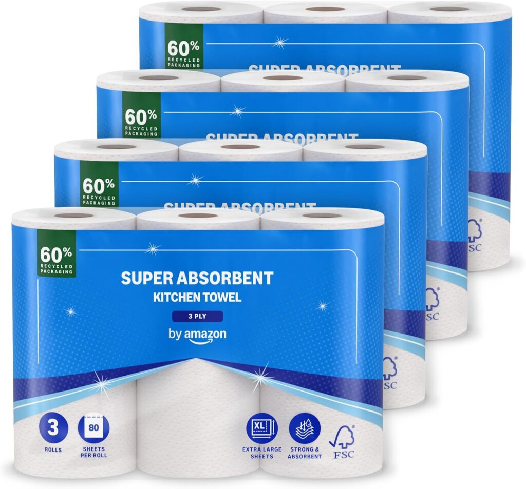 by Amazon Super Absorbent Kitchen Towel, 3-ply, 12 Rolls (4 Packs of 3), 80 Sheets per Roll, FSC Cer…