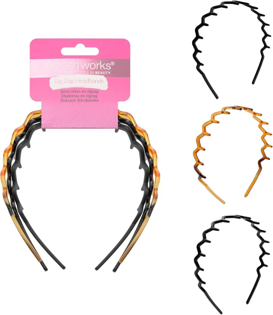 Brushworks Zig-Zag Headband 3-Pack – Retro-Modern Hair Accessory (Shiny Black, Matte Black, Tortoise…