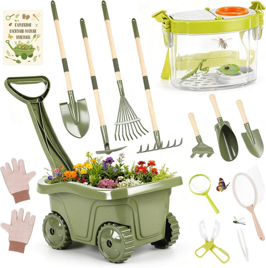 Children’s Wheelbarrow – 17 Piece Children’s Gardening Kit with Long and Short Tools, Insect Observa…