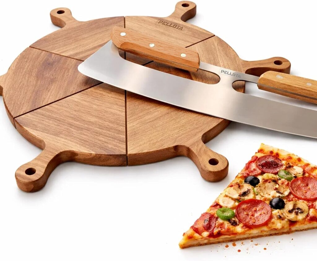 Premium Wooden Pizza Serving Board Set – 6 Slice Detachable Pizza Tray with Stainless Steel Rocker K…