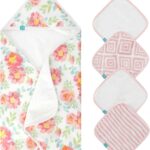 Baby Bath Towel 30″ x 30″, Newborn Hooded Baby Towel with 4 Washcloths – Ultra Absorbent and Soft Co…