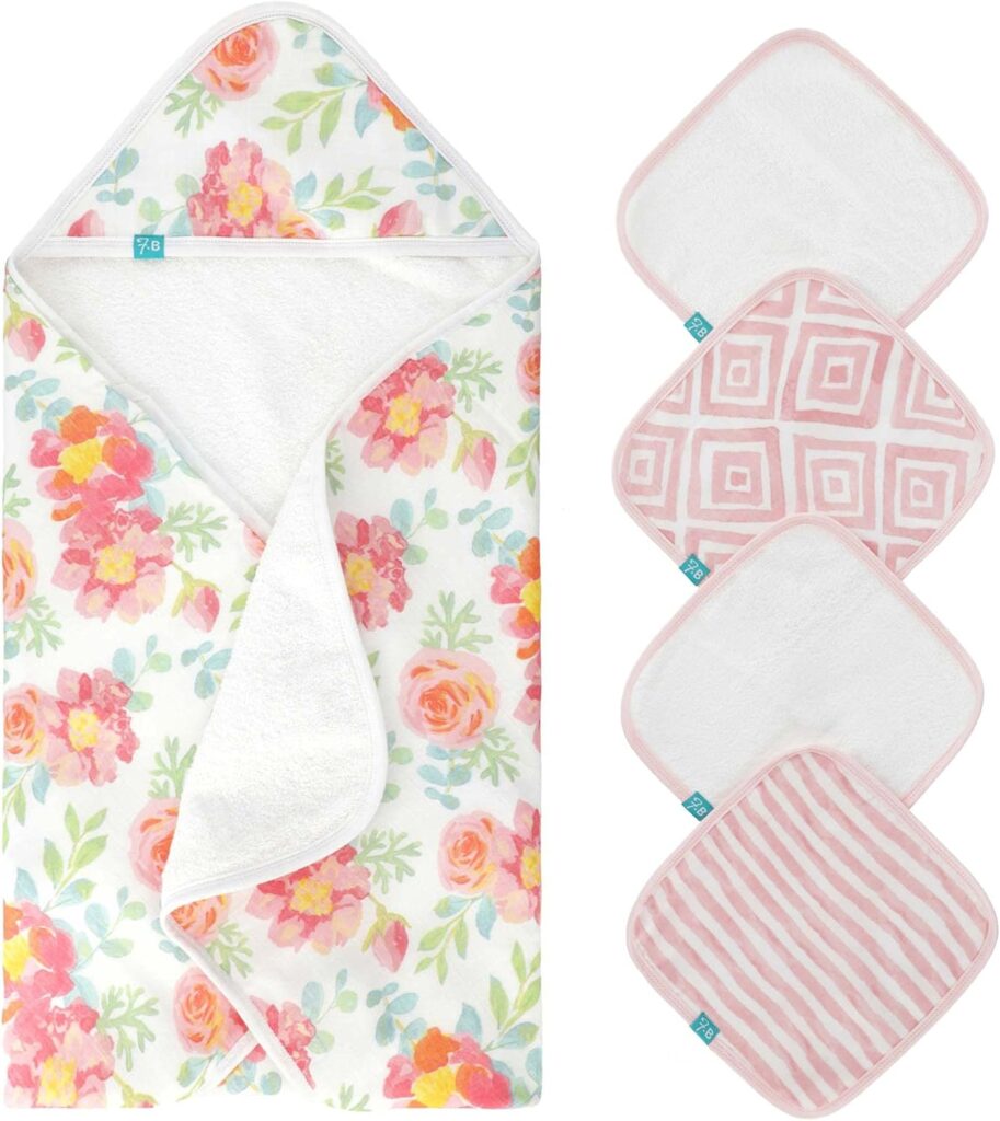 Baby Bath Towel 30″ x 30″, Newborn Hooded Baby Towel with 4 Washcloths – Ultra Absorbent and Soft Co…
