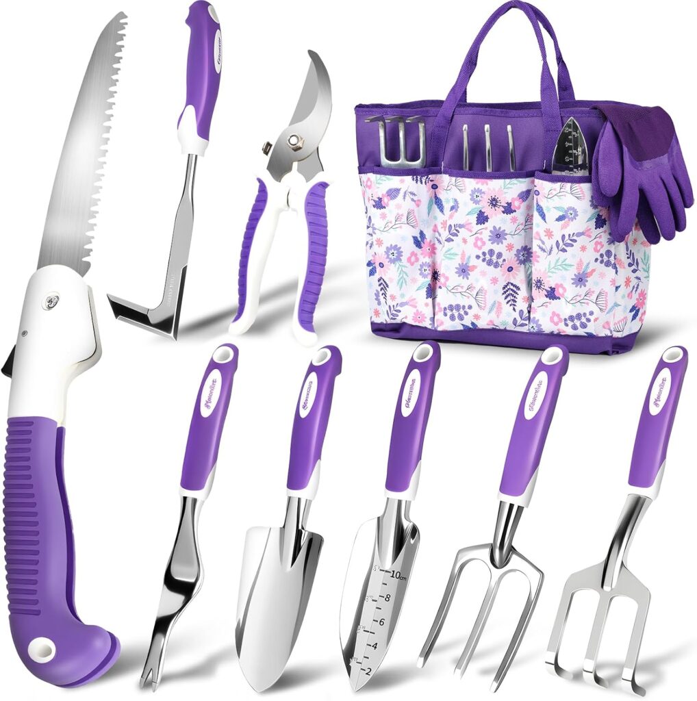 MelonArt Garden Tool Set, 10 Pcs Heavy Duty Gardening Tool Kit Women Garden Gift Set Aluminum with N…