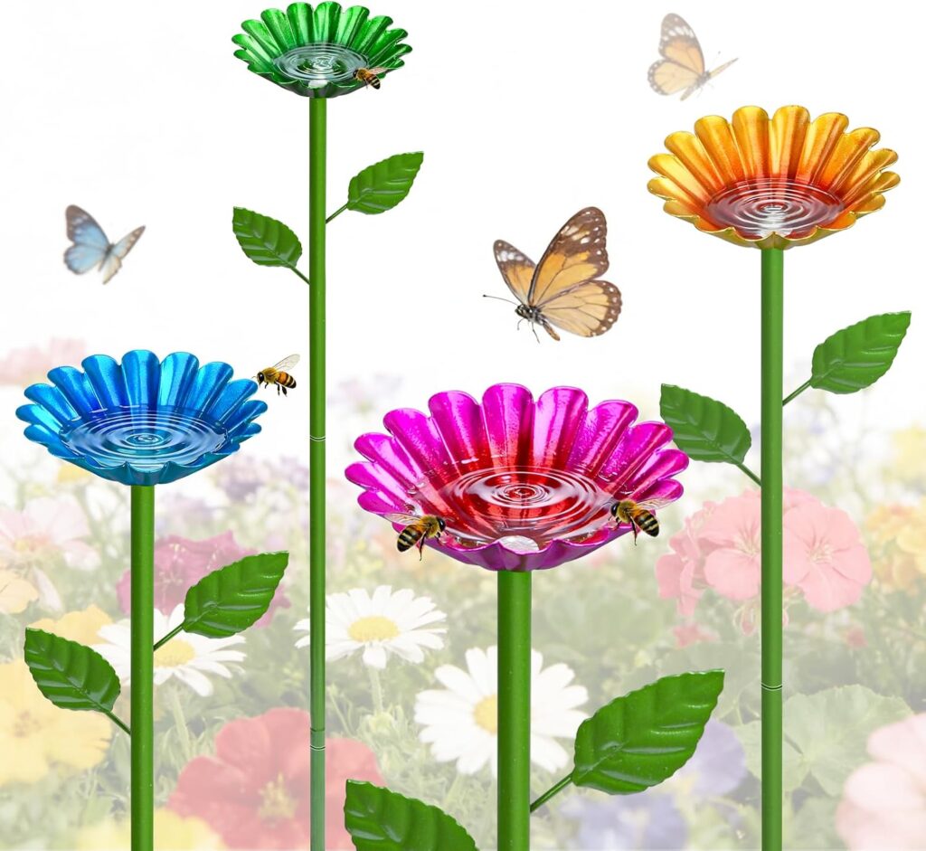 Mellbree Bee Watering Station, 4-Pack Metal Flower Bee Bath for Garden – Attract Butterflies & Polli…