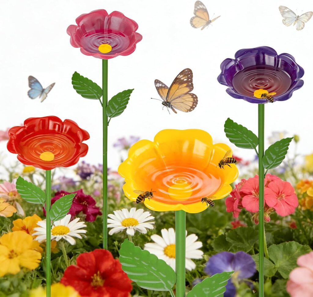 Mellbree Bee Watering Station, 4-Pack Metal Flower Bee Bath for Garden – Attract Butterflies & Polli…
