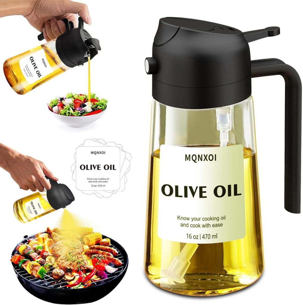 Mqnxoi 2 in 1 Glass Oil Sprayer & Dispenser, 470ml Olive Oil Spray Bottle for Kitchen, Cooking, Sala…