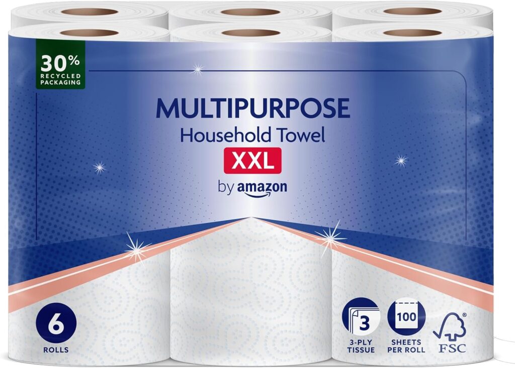 by Amazon Multipurpose Kitchen Roll, 3-Ply, XXL Household Towel, 6 Rolls (Pack of 1), 100 Sheets per…