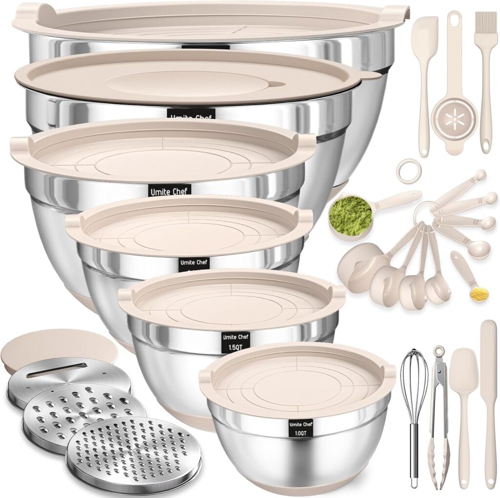 Stainless Steel Khaki Mixing Bowls with Airtight Lids & Grater Attachments, Non-Slip Bottoms – 26PCS…