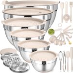 Stainless Steel Khaki Mixing Bowls with Airtight Lids & Grater Attachments, Non-Slip Bottoms – 26PCS…