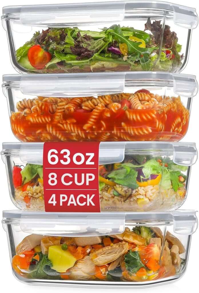 4 Pack 8 Cups/ 63oz Large Glass Storage Containers with Lids, Meal Prep Containers, Glass Food Stora…