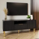 GFW Nervata TV Unit, Black Media Storage Cabinet with 1 Drawer and 2 Doors, Art Deco Style TV Stand …