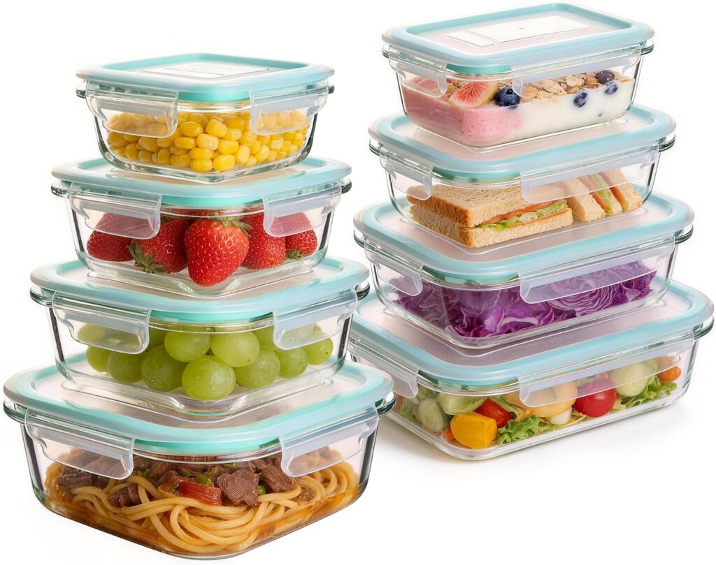 Liuruiyu 8 Pack Glass Food Storage Containers with Lids, Meal Prep Containers, Airtight Bento Boxes …