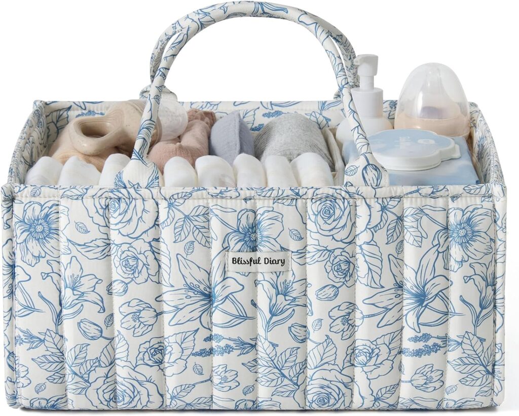Blissful Diary Vintage Rose Floral Diaper Caddy Organizer – Baby Caddy – Blue