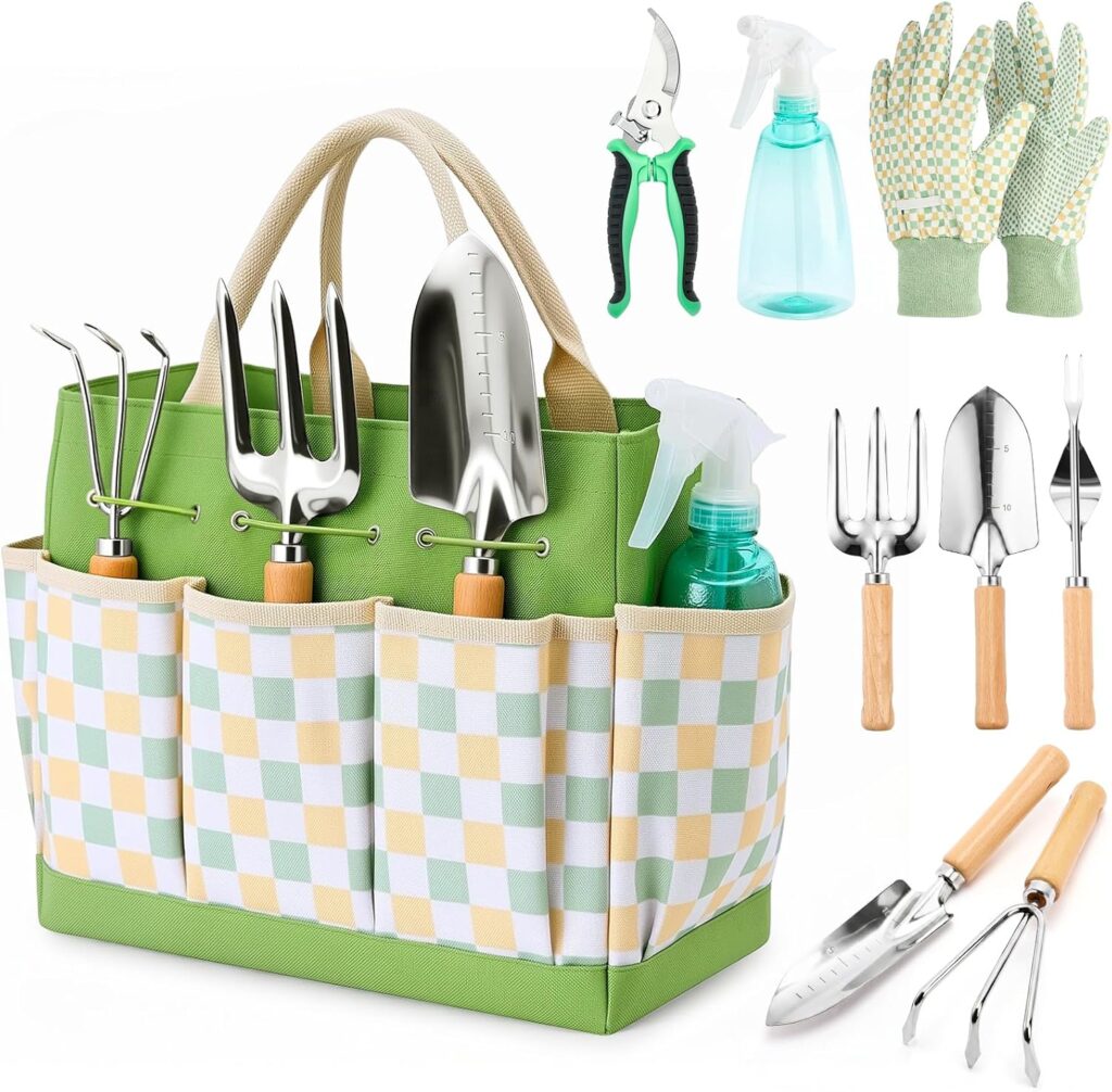 Gardening Tool Set, 9-Piece Heavy Duty with Durable Tote Bag, Ergonomic Rust-Resistant Garden Tools,…