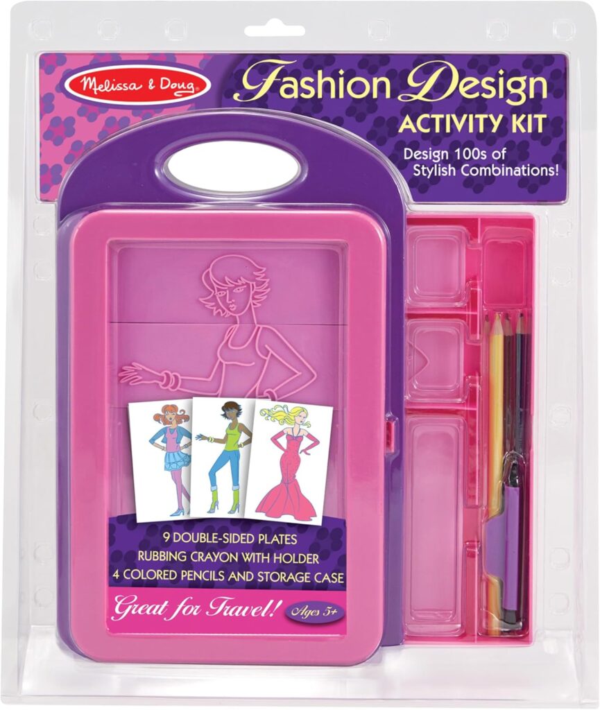 Melissa & Doug Fashion Design Art Activity Kit – 9 Double-Sided Rubbing Plates, 4 Pencils, Crayon