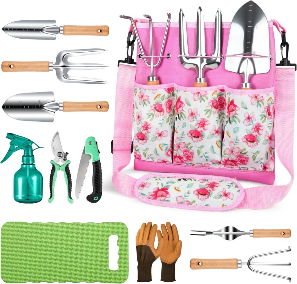 Grenebo All-in-One Garden Tool Set, 11-Piece Heavy Duty Gardening Tools with Ergonomic Canvas Should…