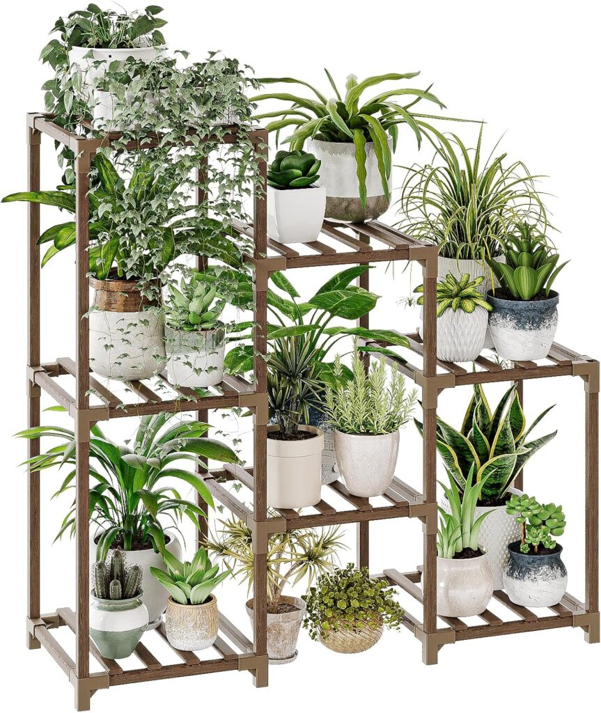 Bamworld Plant Stand Indoor Plant Shelf Outdoor Wood Plant Rack for Multiple Plants 3 Tiers Ladder P…